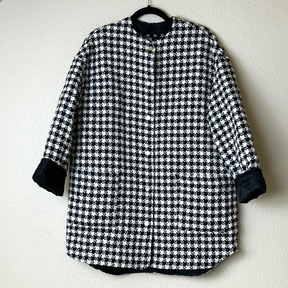 Zara Houndstooth Longline Coat Womens M Black White Twee Mod Preppy Quilted
